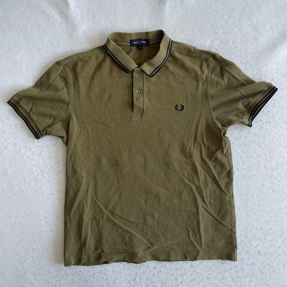 Fred Perry Polo Shirt Mens Size Large Olive Green Twin Tipped M3600 Short Sleeve